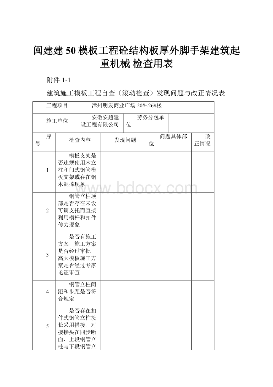 闽建建50模板工程砼结构板厚外脚手架建筑起重机械 检查用表.docx