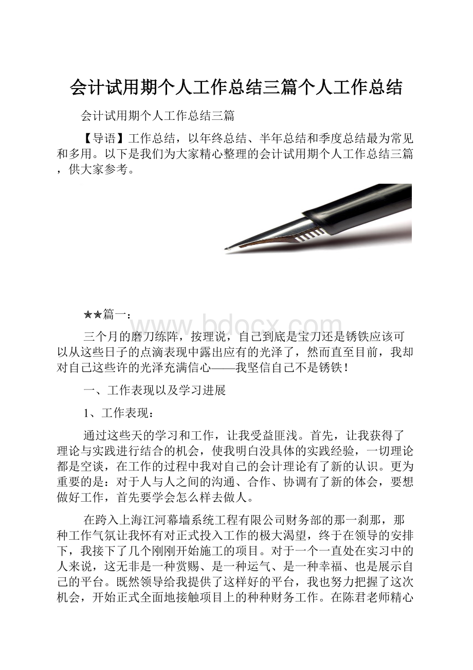 会计试用期个人工作总结三篇个人工作总结.docx