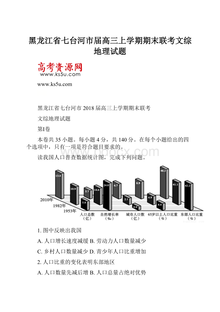 黑龙江省七台河市届高三上学期期末联考文综地理试题.docx_第1页