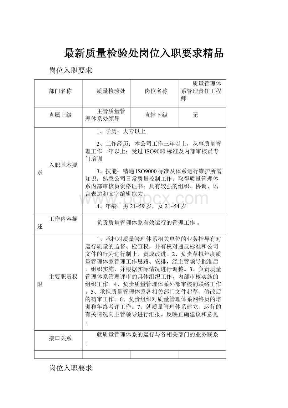 最新质量检验处岗位入职要求精品.docx