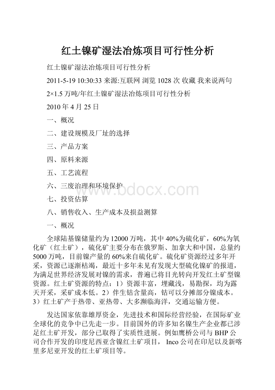 红土镍矿湿法冶炼项目可行性分析.docx