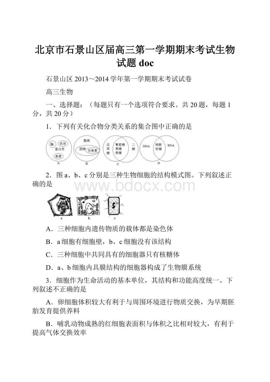 北京市石景山区届高三第一学期期末考试生物试题doc.docx