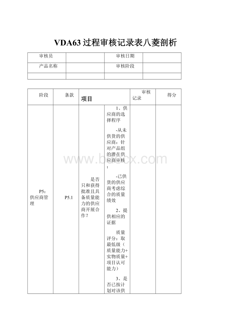 VDA63过程审核记录表八菱剖析.docx