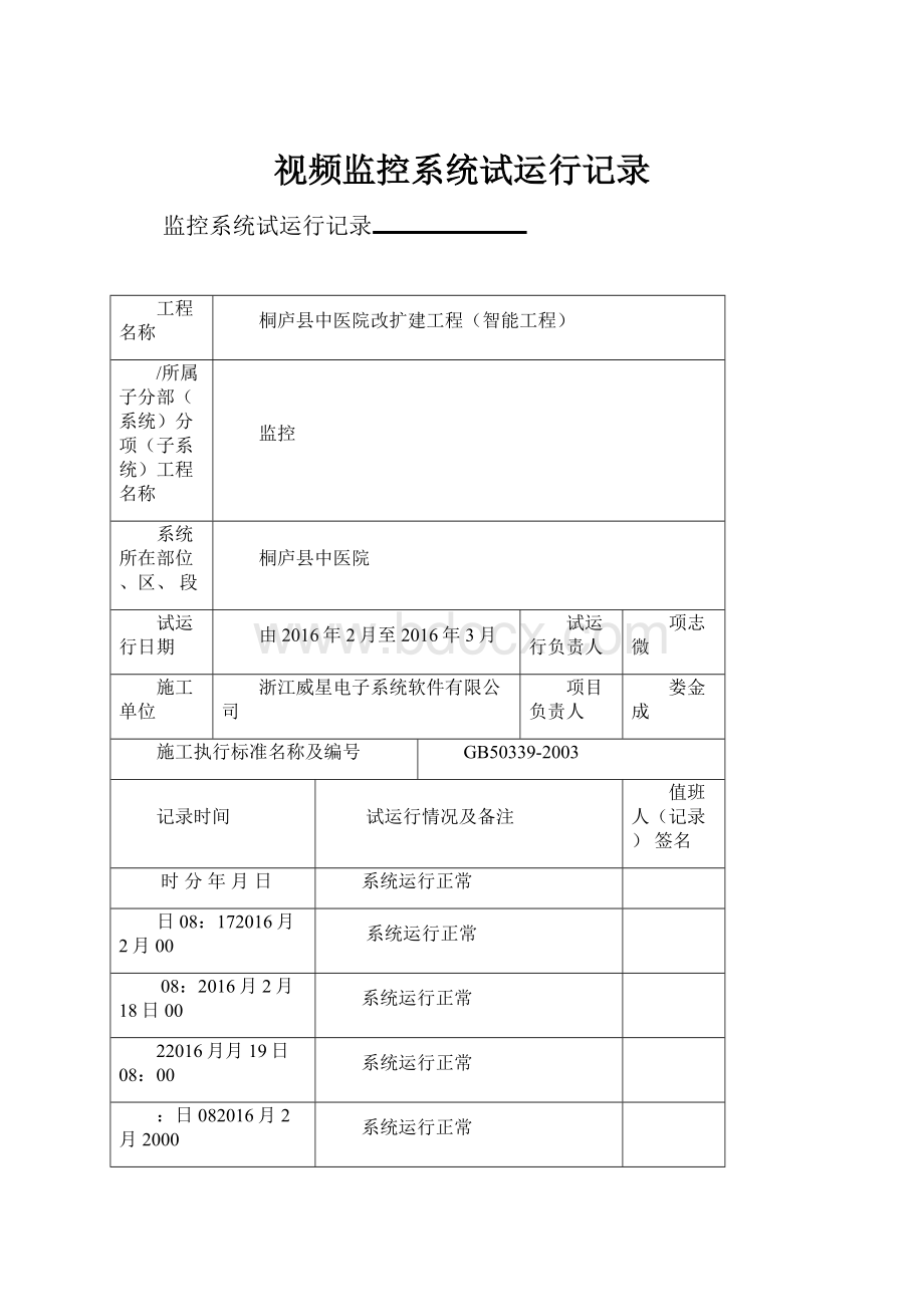 视频监控系统试运行记录.docx_第1页