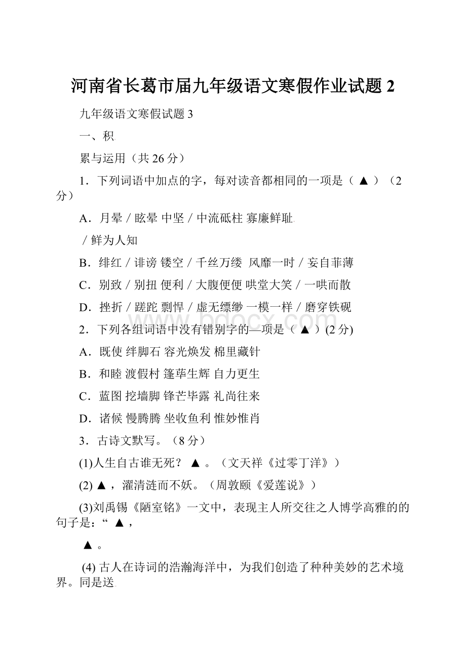 河南省长葛市届九年级语文寒假作业试题2.docx