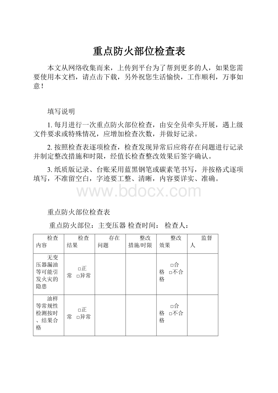 重点防火部位检查表.docx