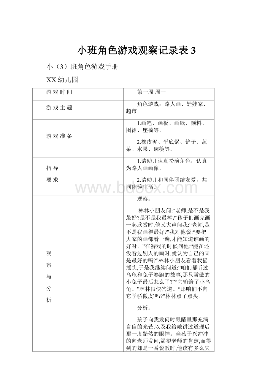 小班角色游戏观察记录表3.docx_第1页