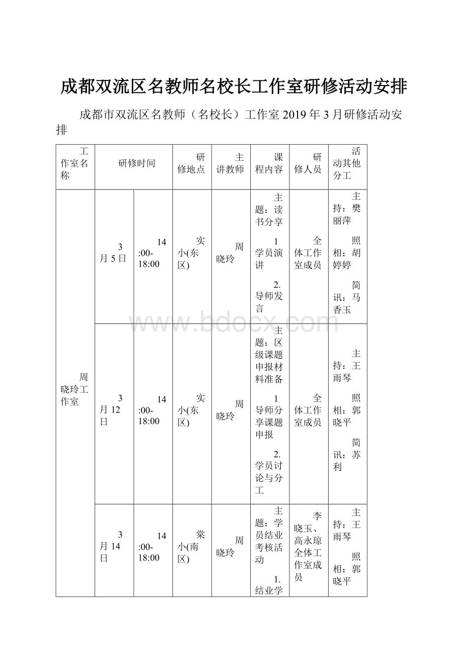 成都双流区名教师名校长工作室研修活动安排.docx