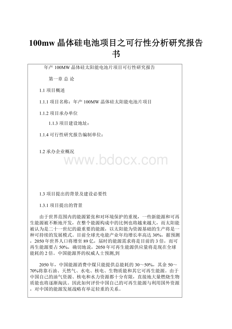 100mw晶体硅电池项目之可行性分析研究报告书.docx