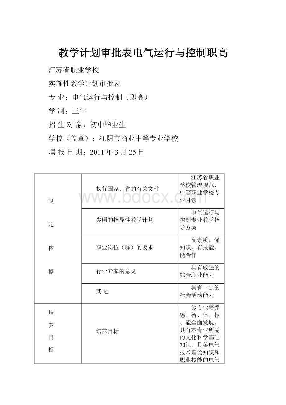 教学计划审批表电气运行与控制职高.docx