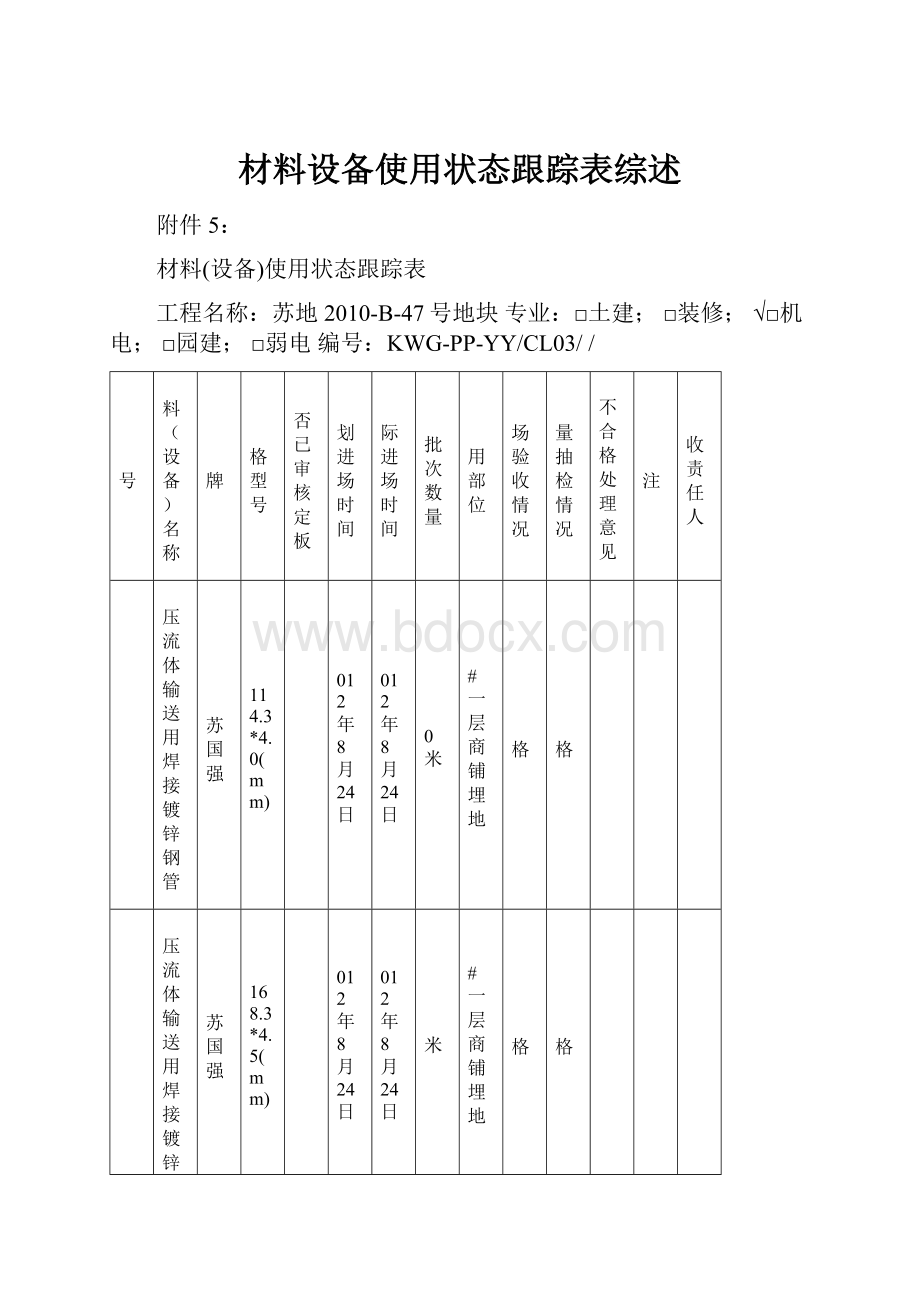 材料设备使用状态跟踪表综述.docx