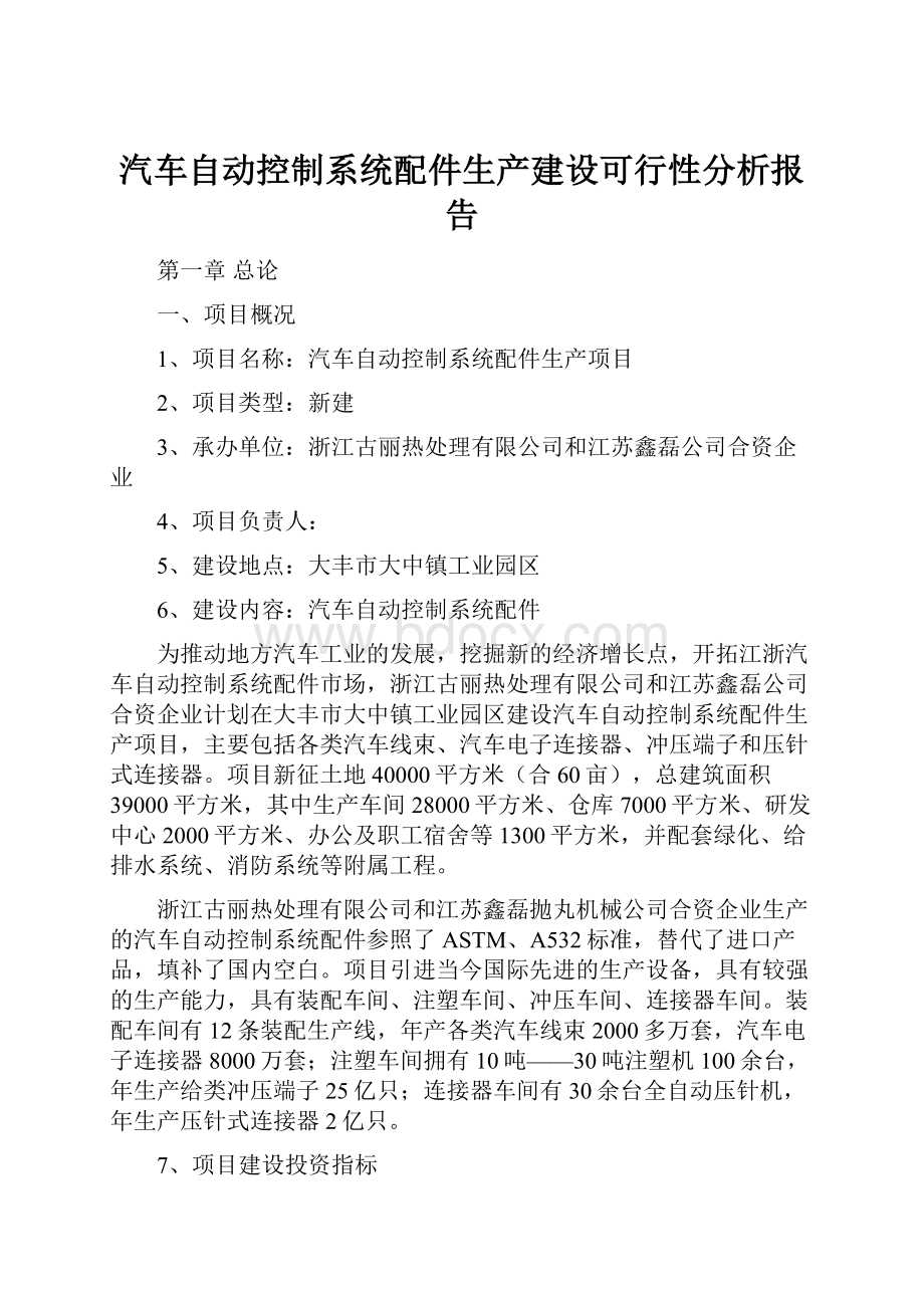 汽车自动控制系统配件生产建设可行性分析报告.docx_第1页