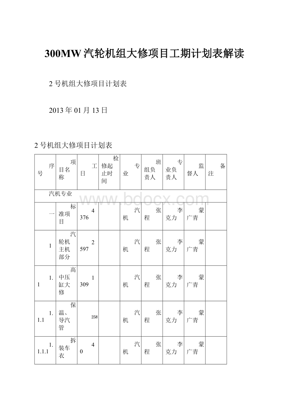 300MW汽轮机组大修项目工期计划表解读.docx