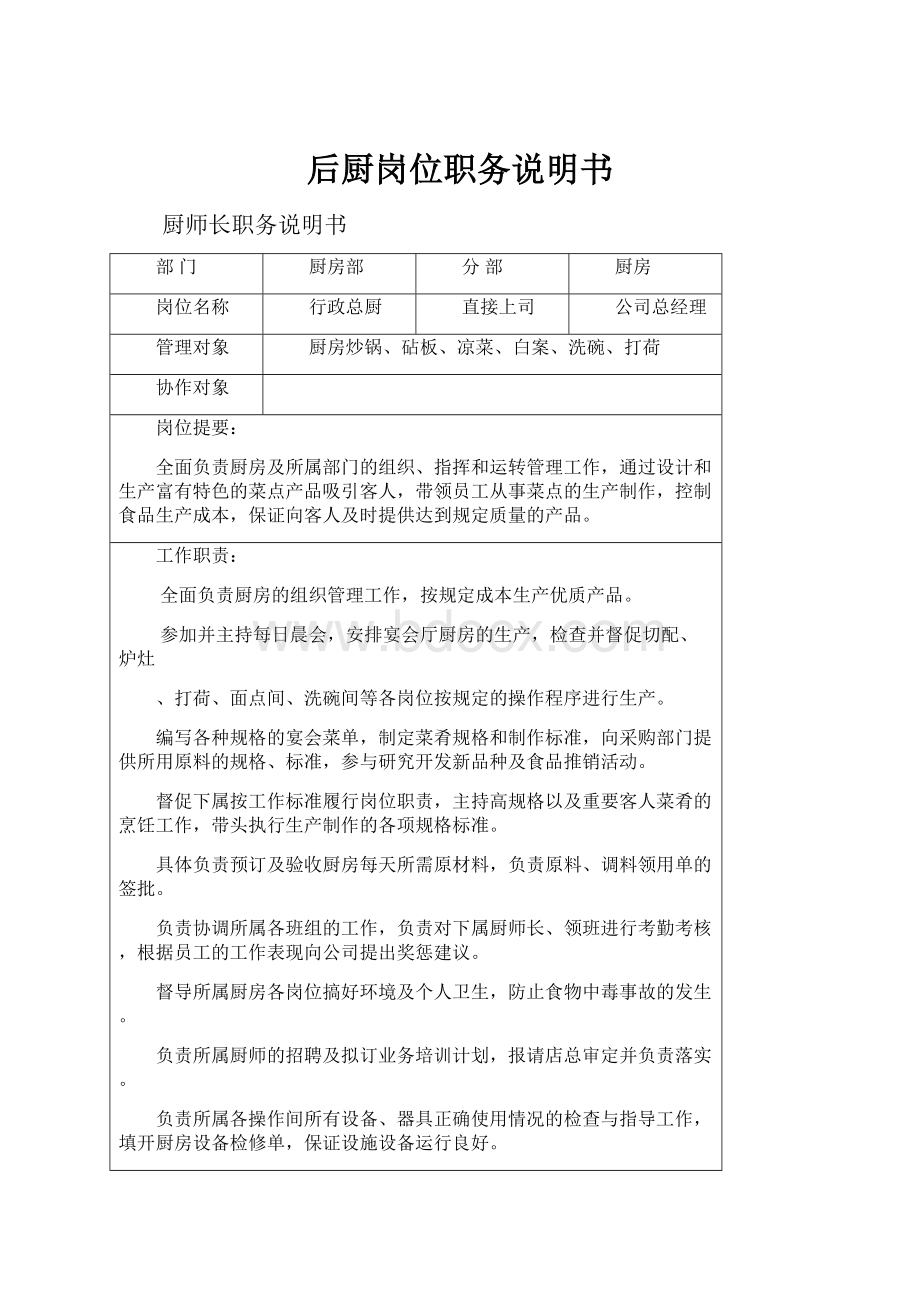 后厨岗位职务说明书.docx_第1页