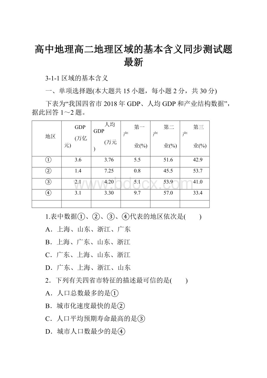 高中地理高二地理区域的基本含义同步测试题 最新.docx_第1页