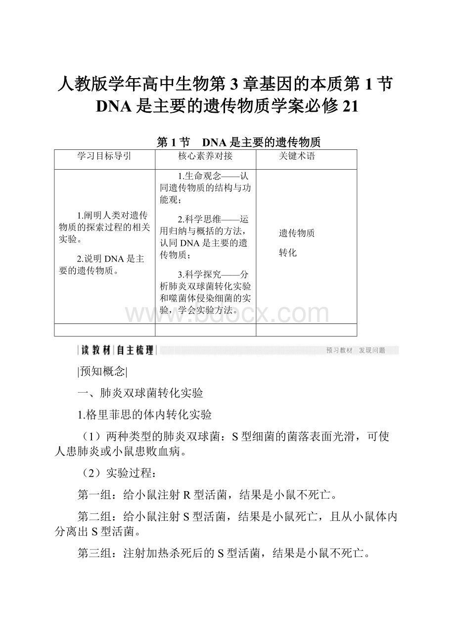 人教版学年高中生物第3章基因的本质第1节DNA是主要的遗传物质学案必修21.docx_第1页