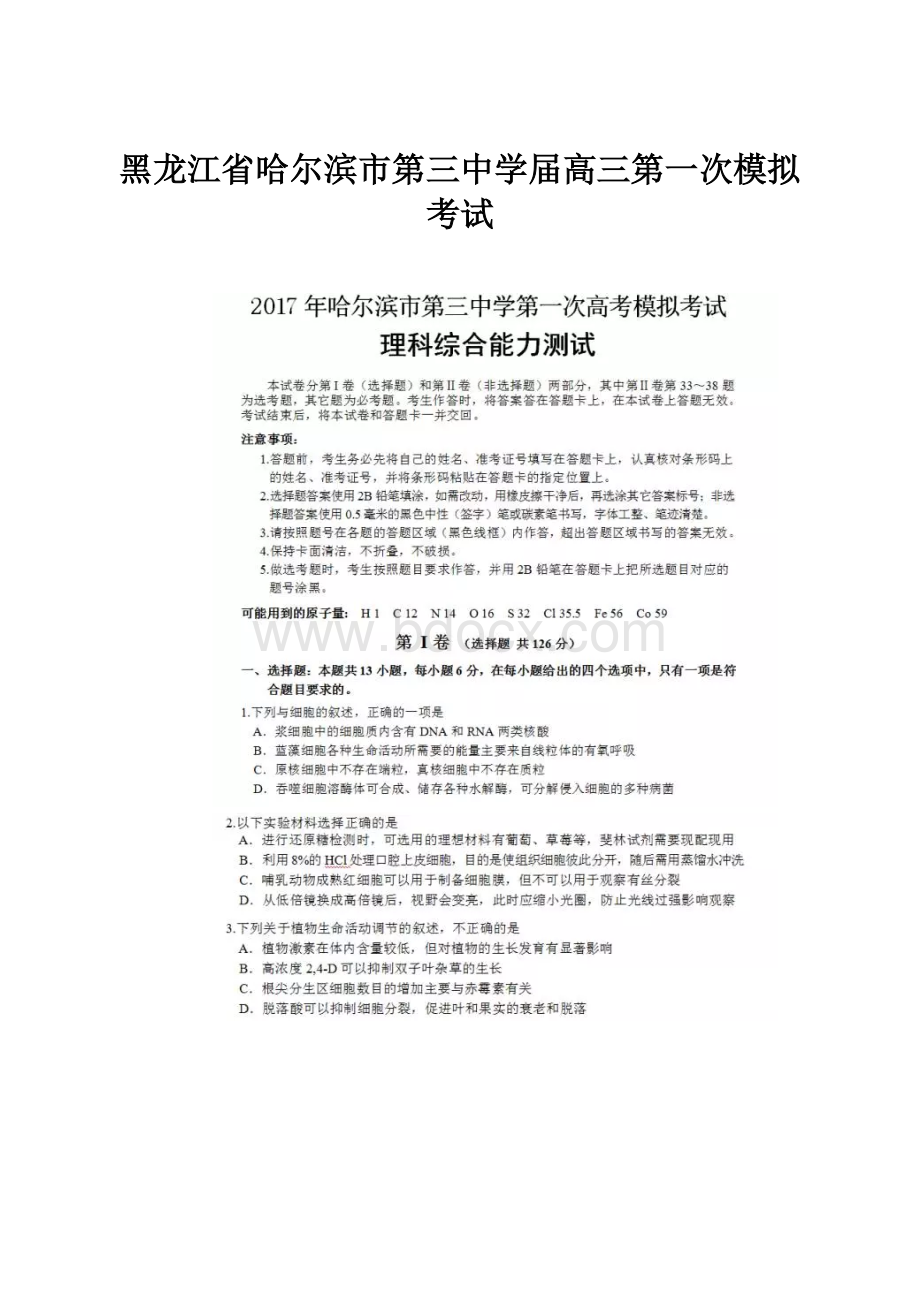 黑龙江省哈尔滨市第三中学届高三第一次模拟考试.docx