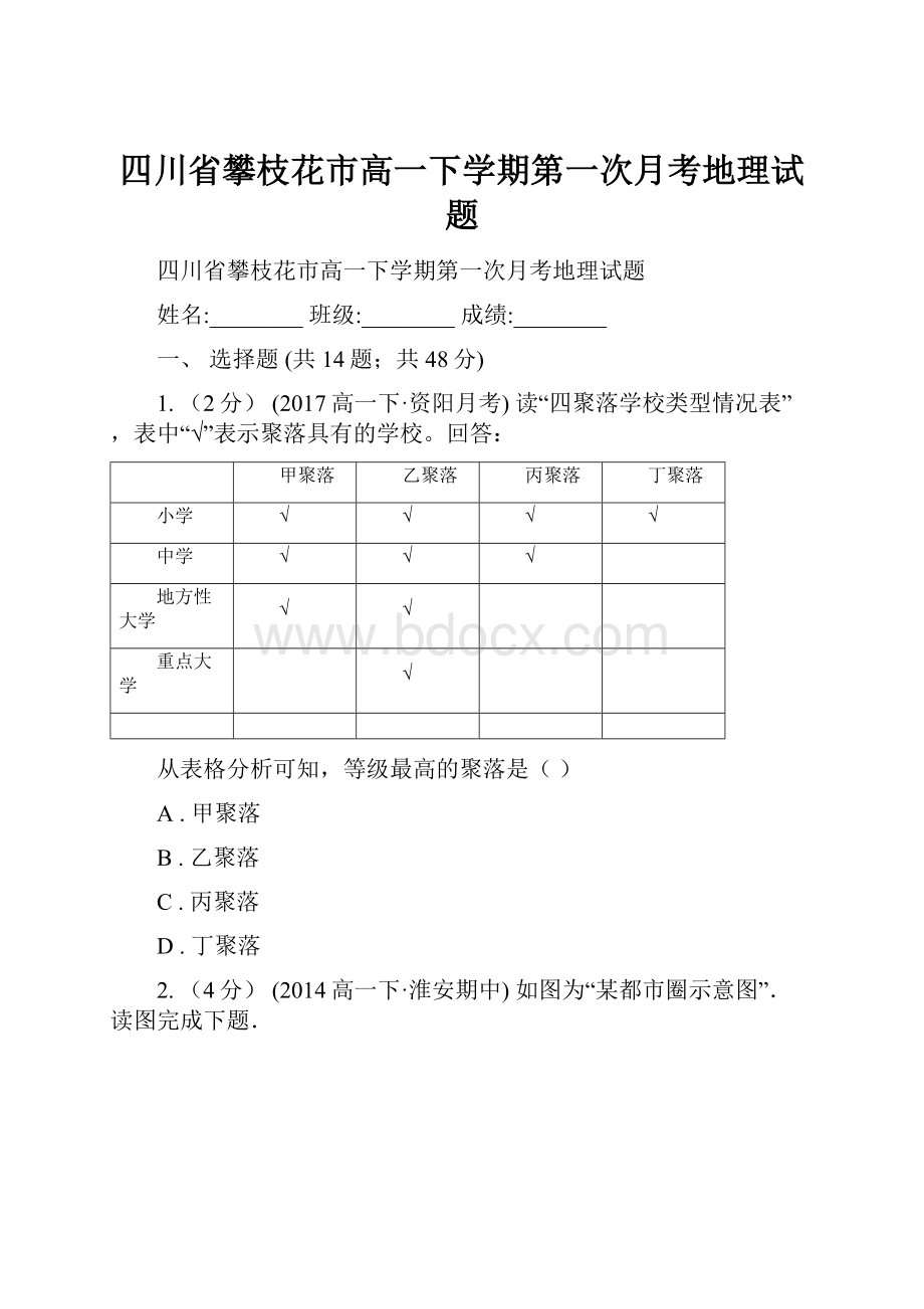 四川省攀枝花市高一下学期第一次月考地理试题.docx