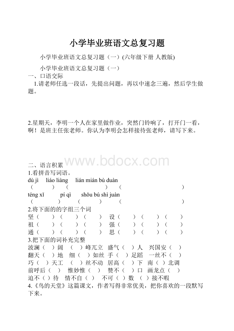 小学毕业班语文总复习题.docx