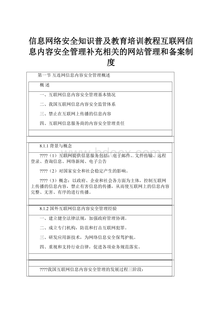 信息网络安全知识普及教育培训教程互联网信息内容安全管理补充相关的网站管理和备案制度.docx