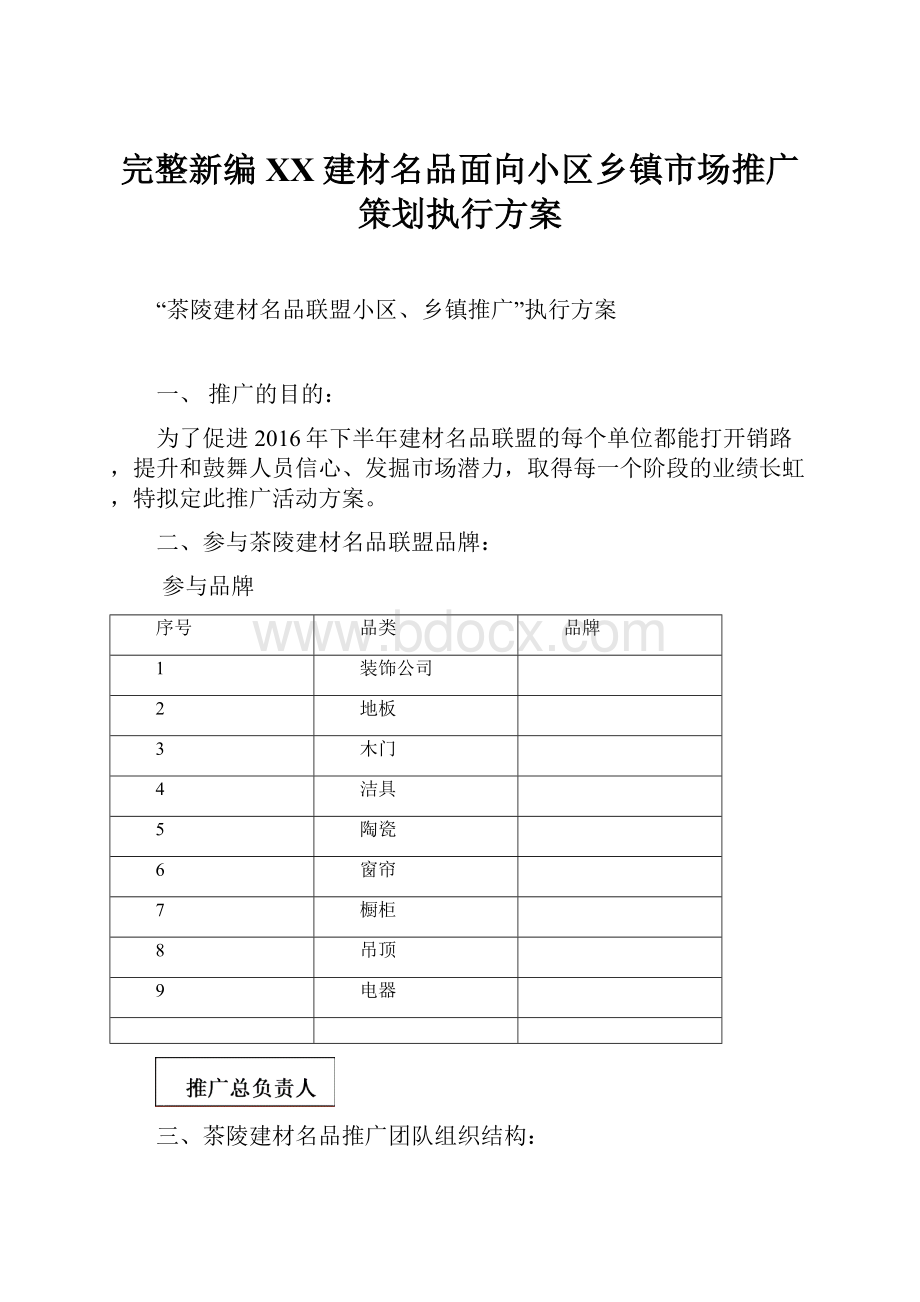 完整新编XX建材名品面向小区乡镇市场推广策划执行方案.docx_第1页