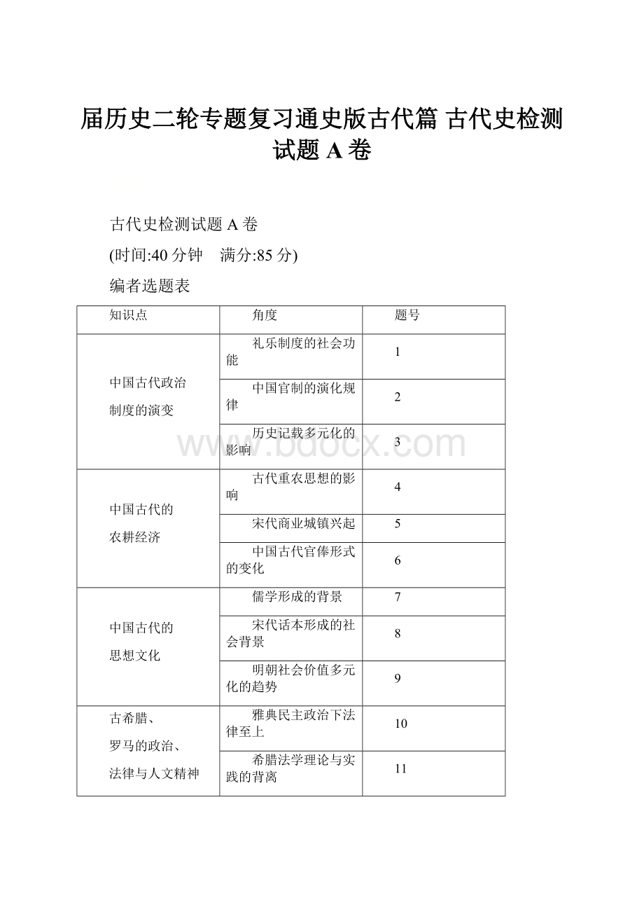 届历史二轮专题复习通史版古代篇 古代史检测试题A卷.docx