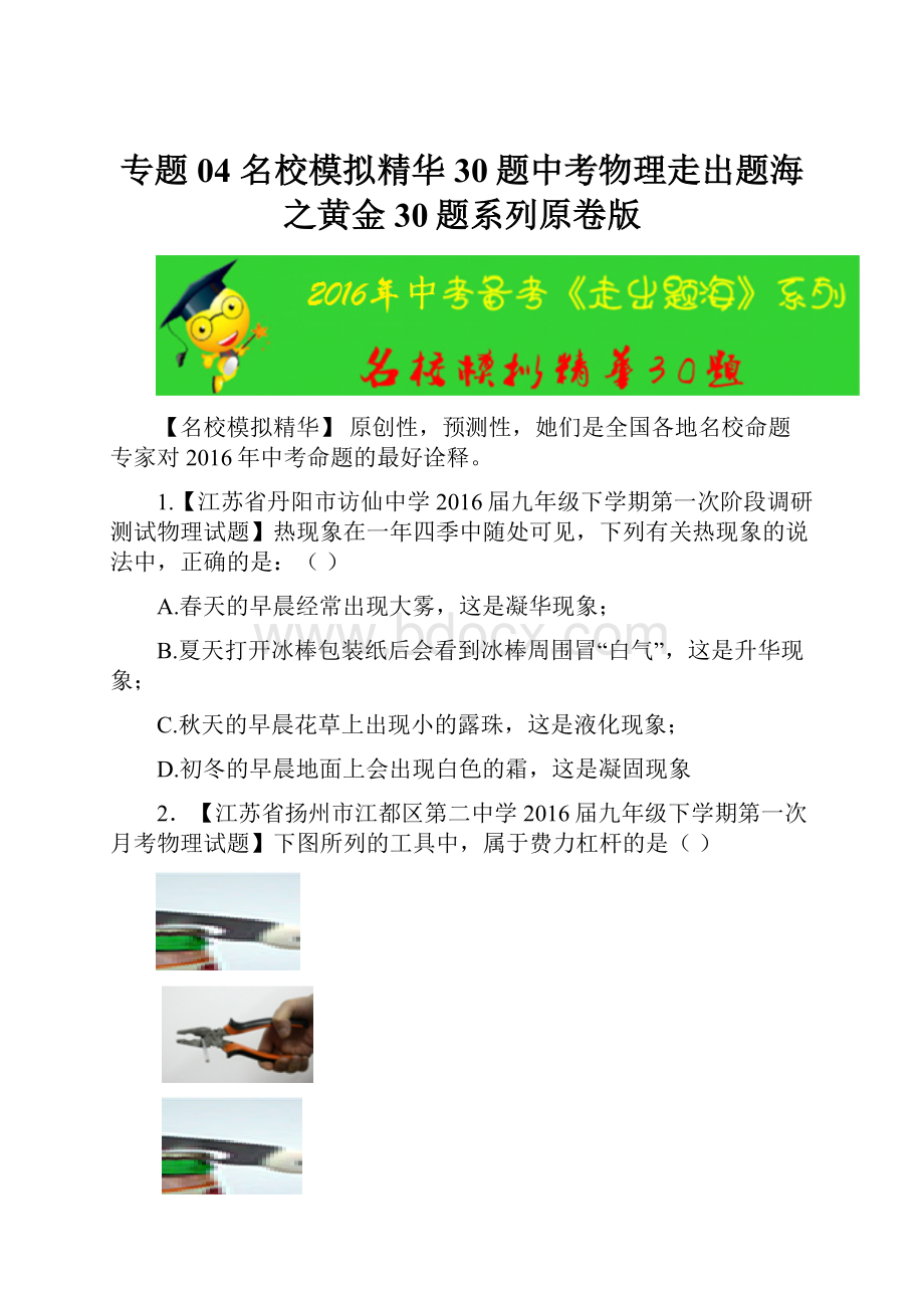 专题04 名校模拟精华30题中考物理走出题海之黄金30题系列原卷版.docx