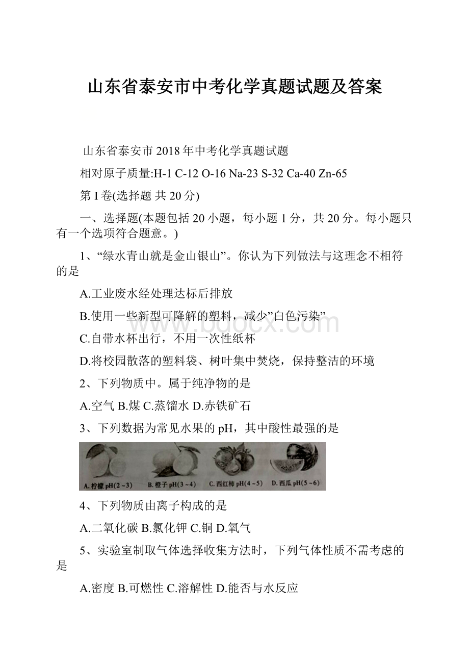 山东省泰安市中考化学真题试题及答案.docx