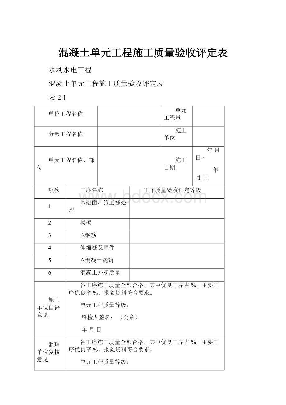 混凝土单元工程施工质量验收评定表.docx