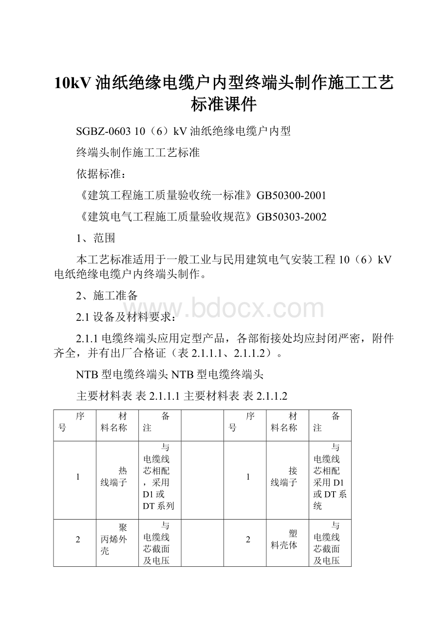 10kV油纸绝缘电缆户内型终端头制作施工工艺标准课件.docx_第1页