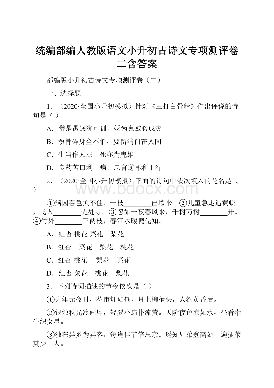 统编部编人教版语文小升初古诗文专项测评卷二含答案.docx