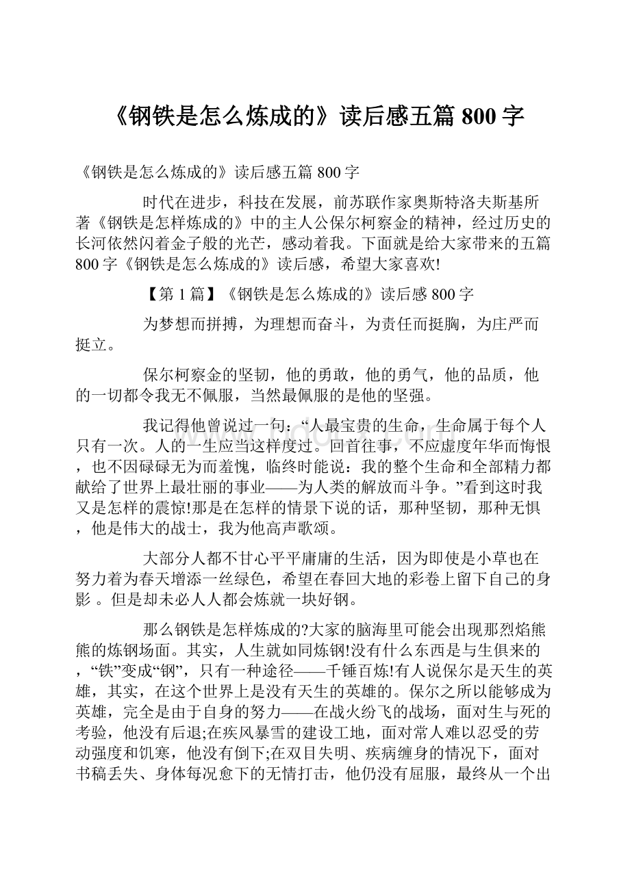 《钢铁是怎么炼成的》读后感五篇800字.docx