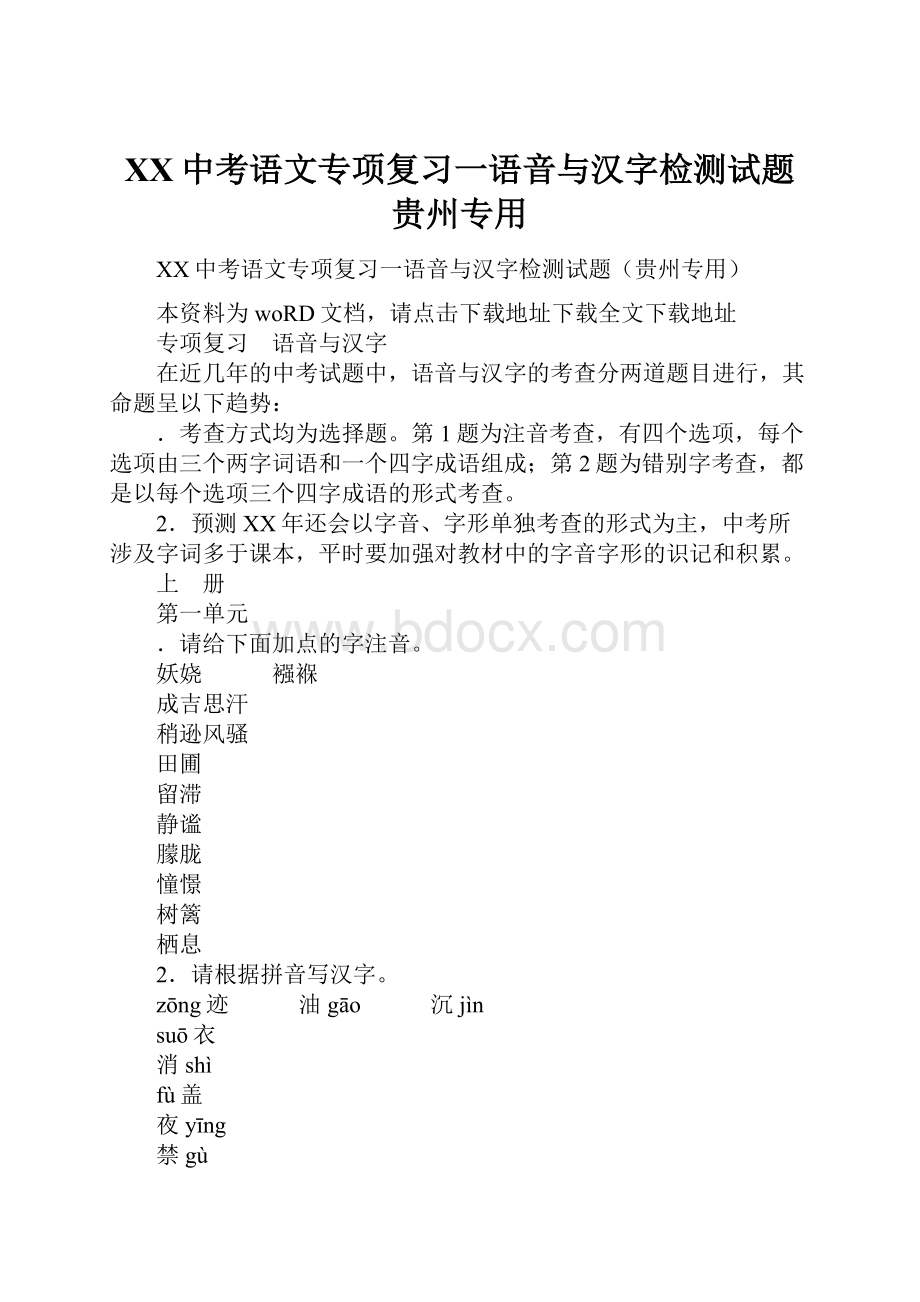 XX中考语文专项复习一语音与汉字检测试题贵州专用.docx