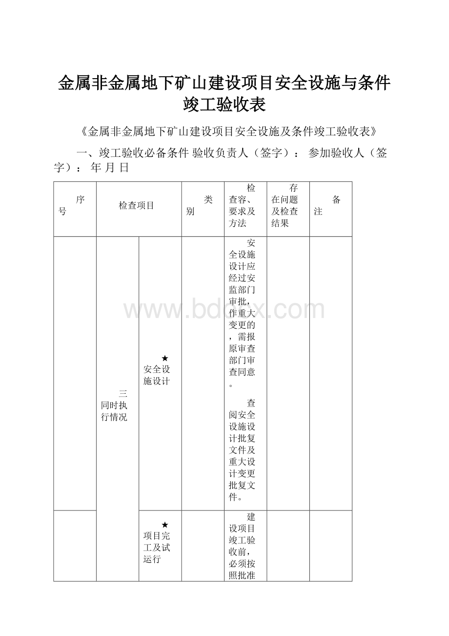 金属非金属地下矿山建设项目安全设施与条件竣工验收表.docx