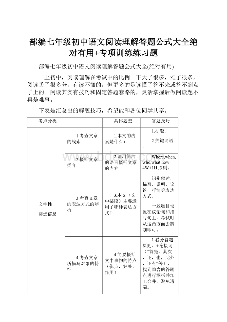 部编七年级初中语文阅读理解答题公式大全绝对有用+专项训练练习题.docx_第1页