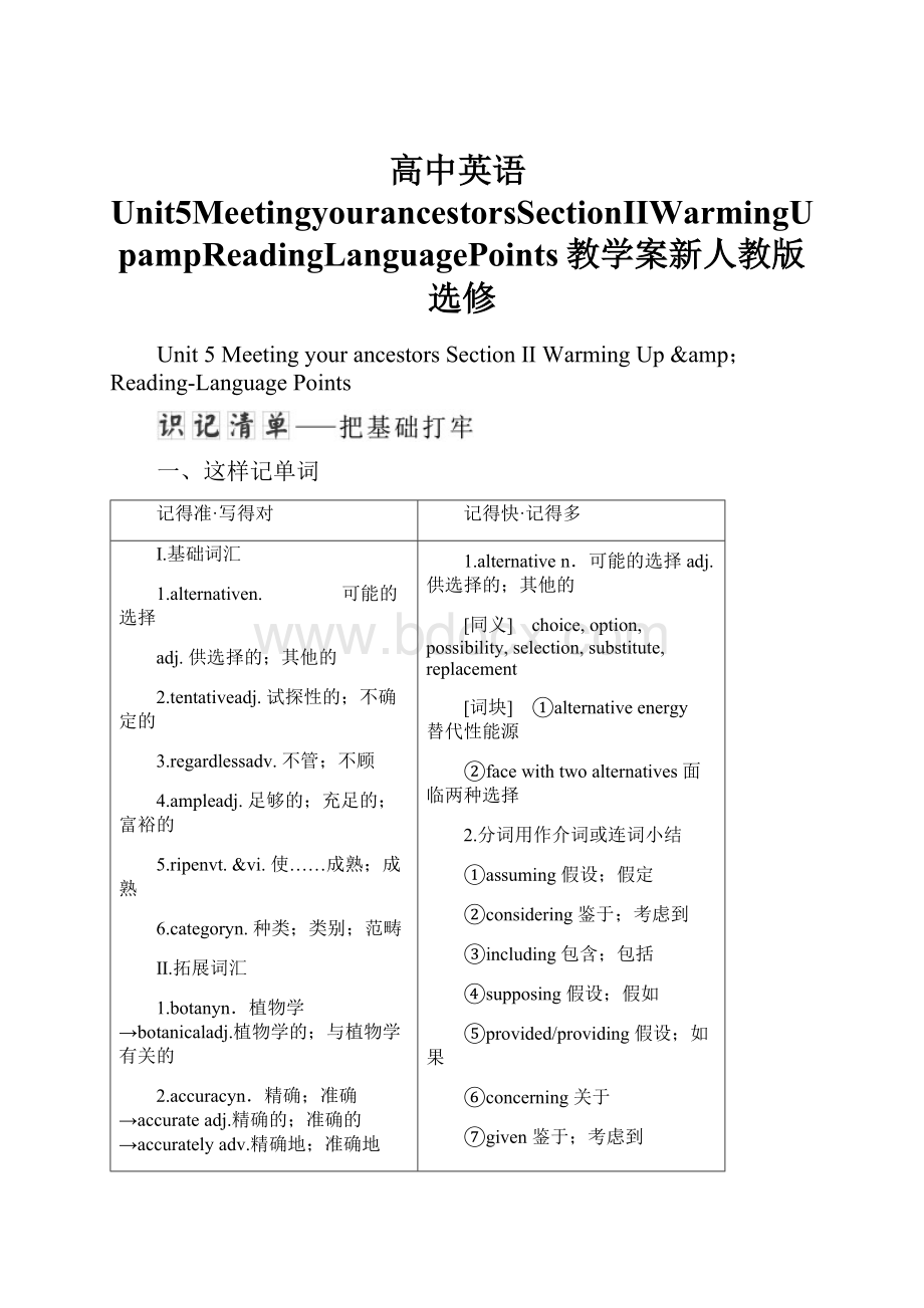 高中英语Unit5MeetingyourancestorsSectionⅡWarmingUpampReadingLanguagePoints教学案新人教版选修.docx_第1页