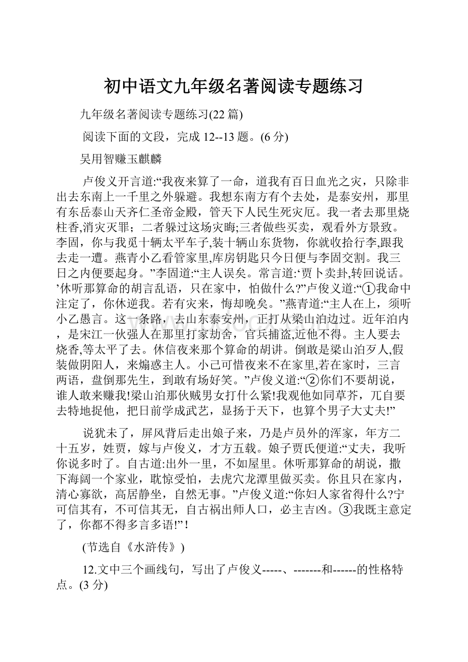 初中语文九年级名著阅读专题练习.docx