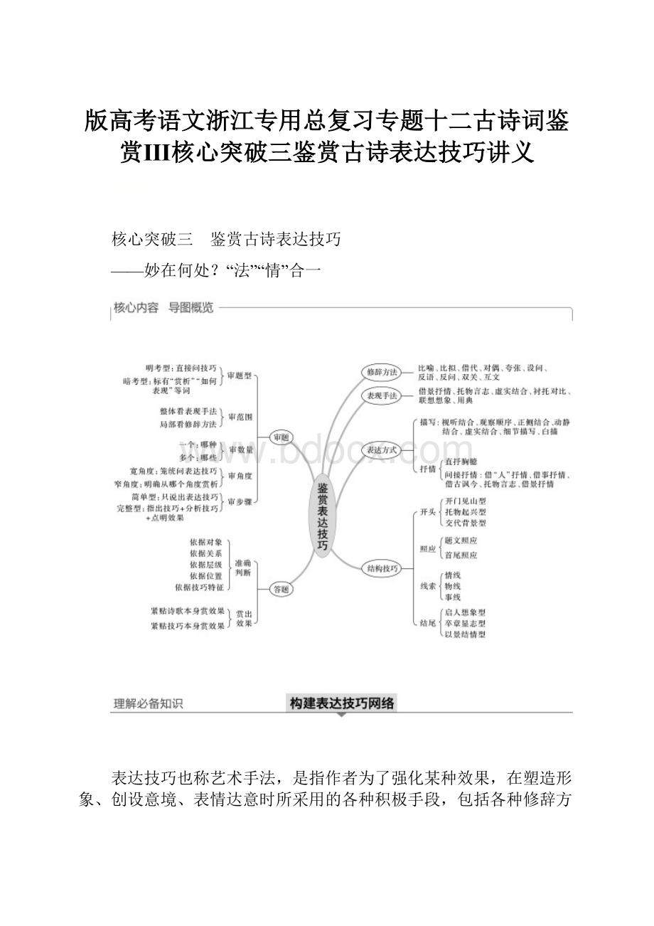 版高考语文浙江专用总复习专题十二古诗词鉴赏Ⅲ核心突破三鉴赏古诗表达技巧讲义.docx