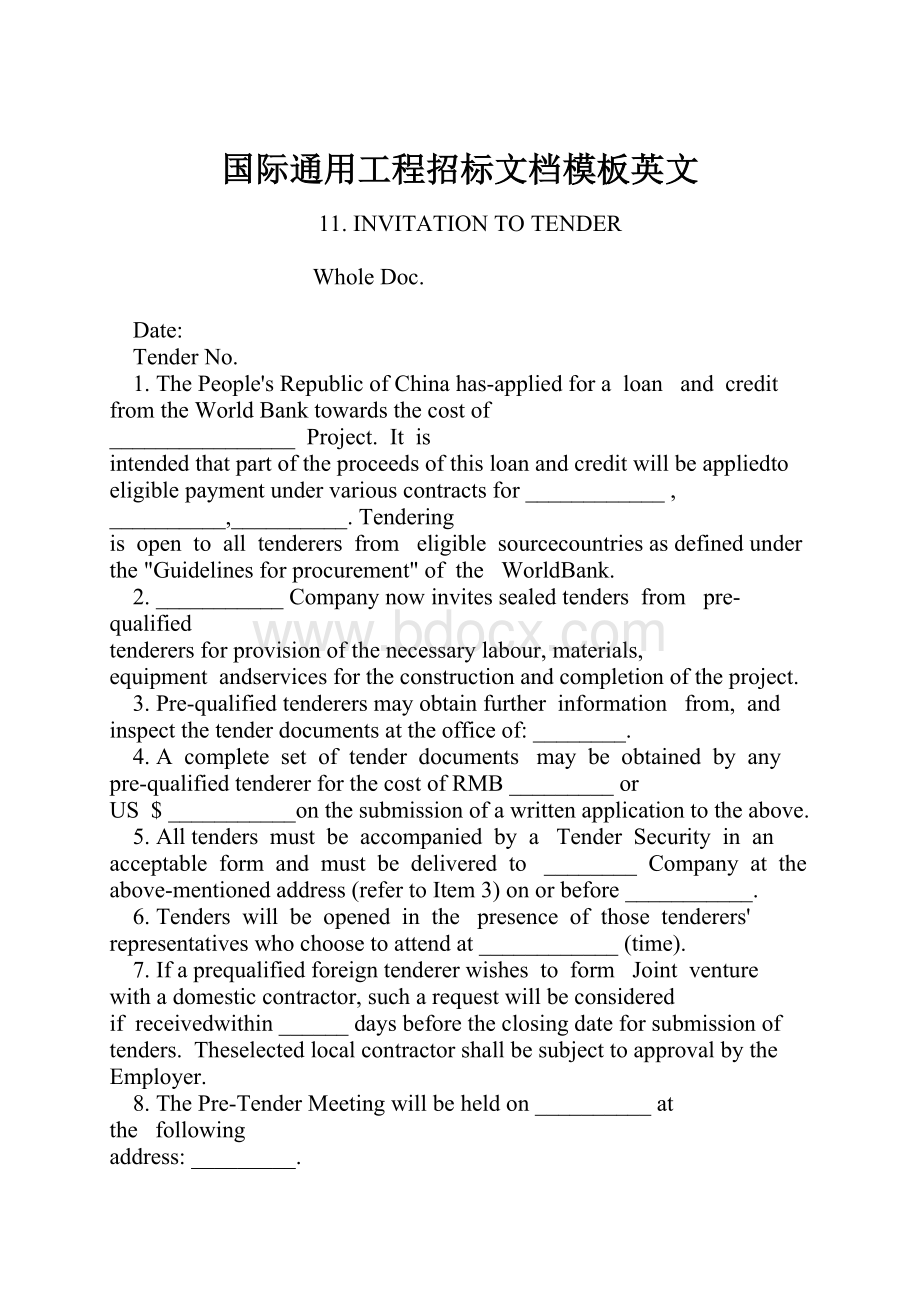 国际通用工程招标文档模板英文.docx