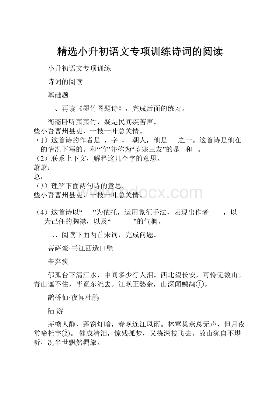 精选小升初语文专项训练诗词的阅读.docx