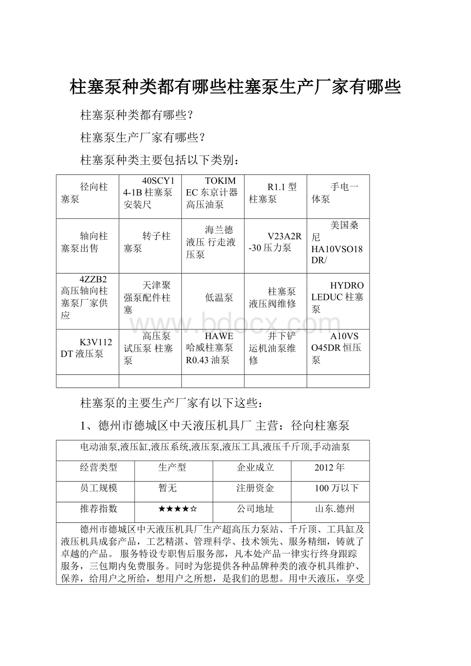 柱塞泵种类都有哪些柱塞泵生产厂家有哪些.docx