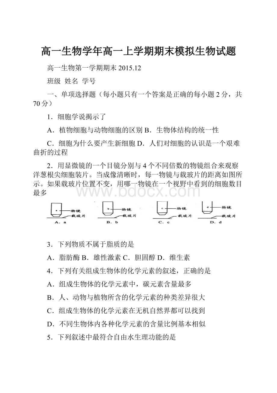 高一生物学年高一上学期期末模拟生物试题.docx