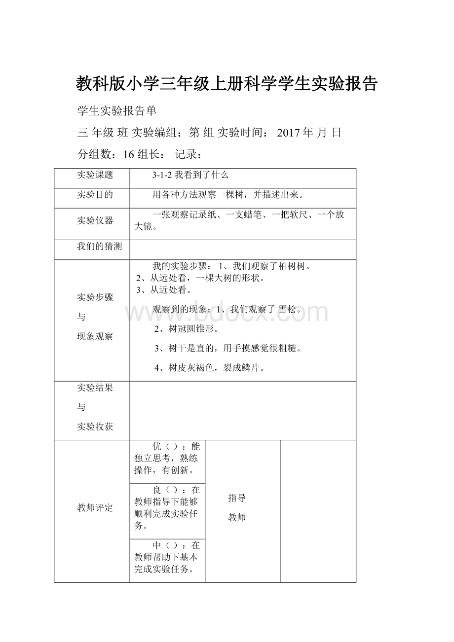 教科版小学三年级上册科学学生实验报告.docx