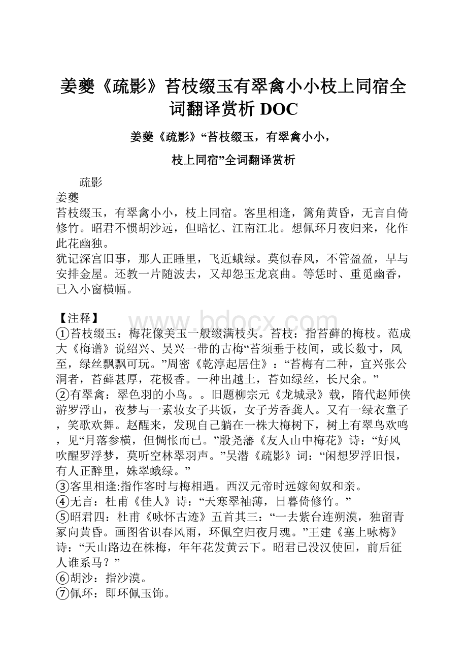 姜夔《疏影》苔枝缀玉有翠禽小小枝上同宿全词翻译赏析DOC.docx