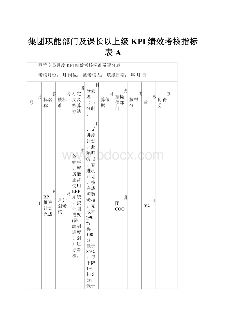 集团职能部门及课长以上级KPI绩效考核指标表A.docx