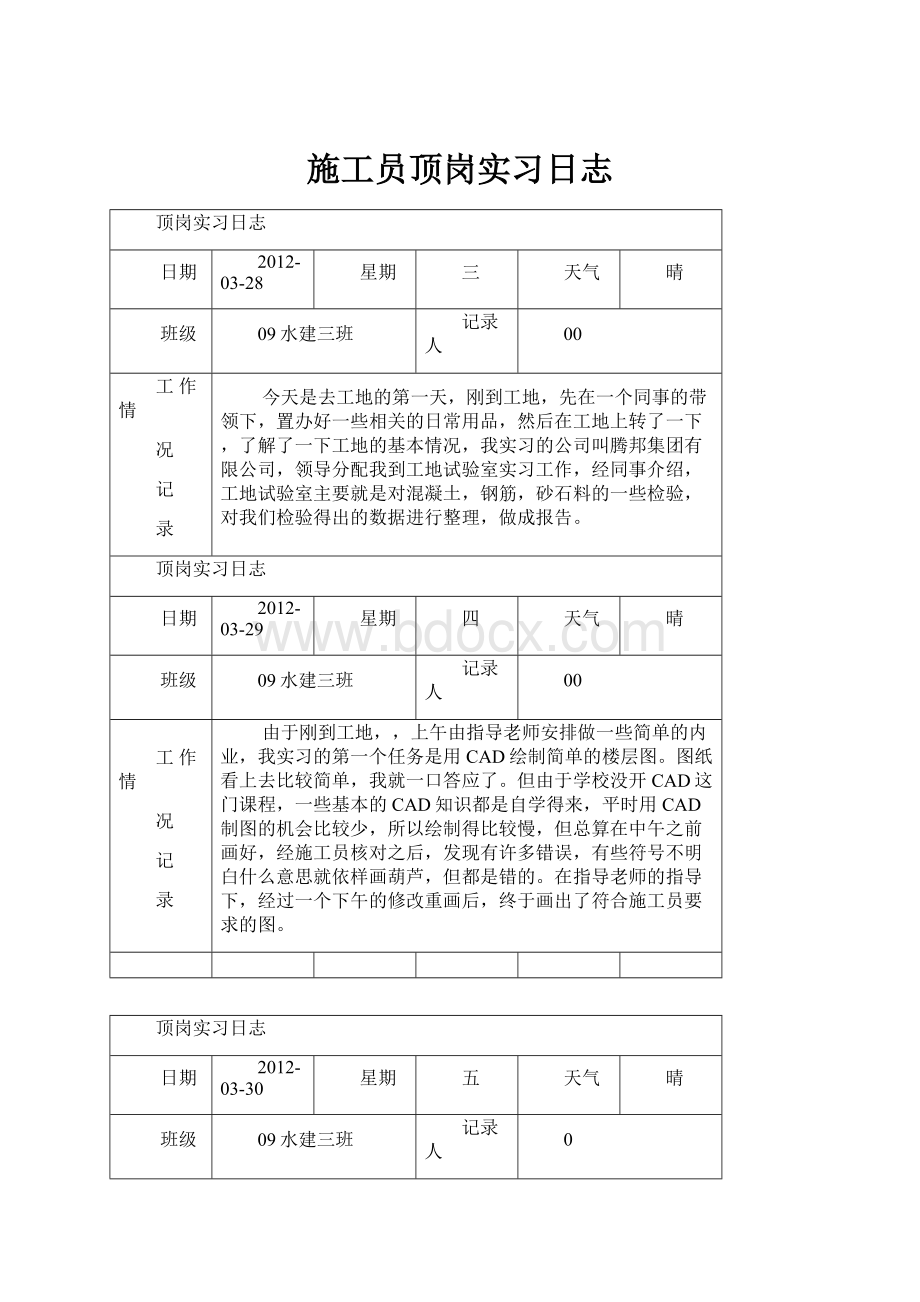 施工员顶岗实习日志.docx_第1页