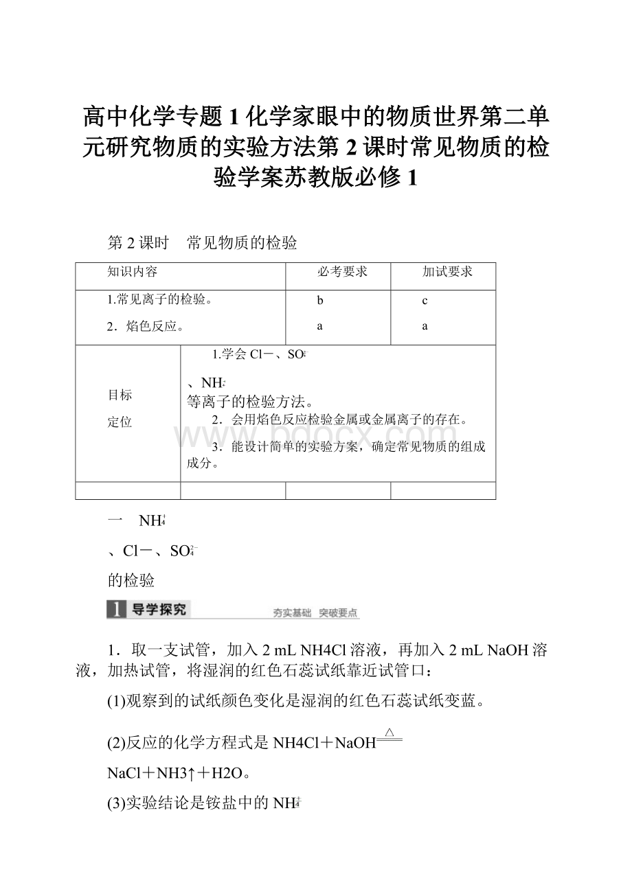 高中化学专题1化学家眼中的物质世界第二单元研究物质的实验方法第2课时常见物质的检验学案苏教版必修1.docx_第1页