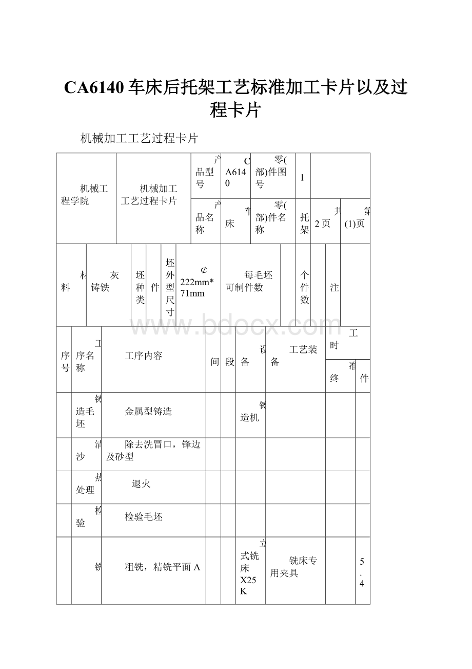 CA6140车床后托架工艺标准加工卡片以及过程卡片.docx