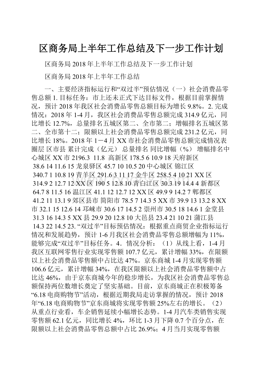 区商务局上半年工作总结及下一步工作计划.docx_第1页