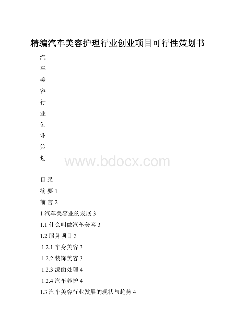 精编汽车美容护理行业创业项目可行性策划书.docx_第1页